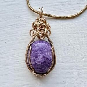 14K Artisan Charoite Gemstone Pendant Gold filled Snake Chain Necklace